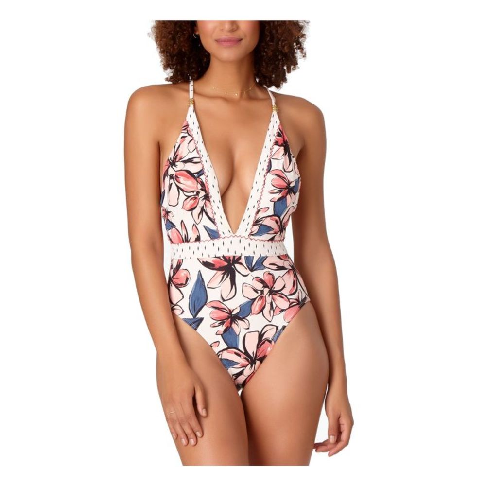 STUDIO ANN COLE Women's Multi Color Plunge Criss-Cross One Piece Swimsuit 14